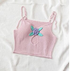 Pink Knitted Hook Flower Hollow Out Rose Romantic Vacation Women's Sweater Tank